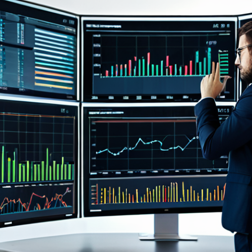 A professional data analyst, fully clothed in a modest business suit, intently observing multiple large data visualization screens displaying detailed financial charts and advertising performance graphs in a modern, well-lit office. The scene emphasizes deep insight derived from complex digital data, showcasing an analytical approach. Perfect anatomy, correct proportions, natural pose, well-formed hands, proper finger count, natural body proportions, safe for work, appropriate content, professional dress, high quality, professional photography.