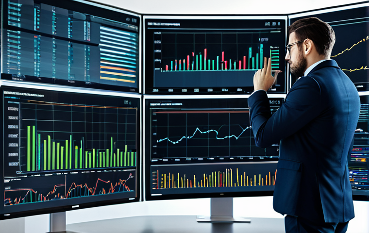 A professional data analyst, fully clothed in a modest business suit, intently observing multiple large data visualization screens displaying detailed financial charts and advertising performance graphs in a modern, well-lit office. The scene emphasizes deep insight derived from complex digital data, showcasing an analytical approach. Perfect anatomy, correct proportions, natural pose, well-formed hands, proper finger count, natural body proportions, safe for work, appropriate content, professional dress, high quality, professional photography.