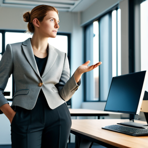 A professional female marketing executive, fully clothed in a modest, modern business blazer and tailored trousers. She is standing confidently in a bright, open-plan creative office space, gesturing thoughtfully towards a large, backlit monitor displaying an impactful, emotional brand story narrative, with subtle graphics suggesting connection and community. Her expression is insightful and empathetic. The office features contemporary design, soft lighting, and collaborative workstations in the background. Natural light streams in from large windows. Professional studio photography, soft natural light, warm color palette, cinematic depth of field, high resolution, perfect anatomy, correct proportions, well-formed hands, natural pose, natural body proportions, safe for work, appropriate content, fully clothed, professional dress, family-friendly.