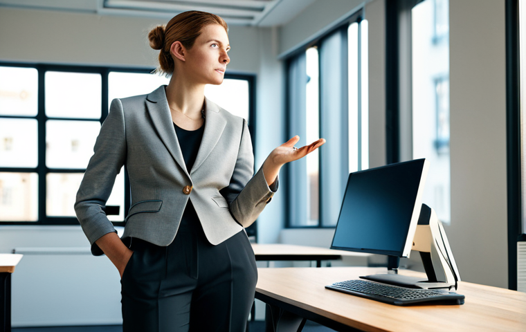 A professional female marketing executive, fully clothed in a modest, modern business blazer and tailored trousers. She is standing confidently in a bright, open-plan creative office space, gesturing thoughtfully towards a large, backlit monitor displaying an impactful, emotional brand story narrative, with subtle graphics suggesting connection and community. Her expression is insightful and empathetic. The office features contemporary design, soft lighting, and collaborative workstations in the background. Natural light streams in from large windows. Professional studio photography, soft natural light, warm color palette, cinematic depth of field, high resolution, perfect anatomy, correct proportions, well-formed hands, natural pose, natural body proportions, safe for work, appropriate content, fully clothed, professional dress, family-friendly.